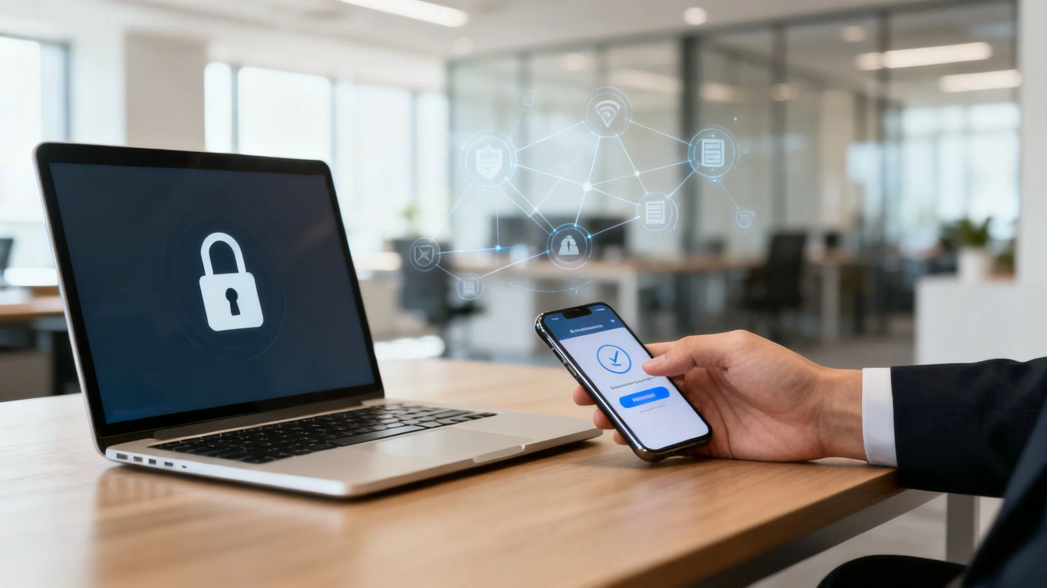 A person at a desk holds a mobile phone showing a verification screen, next to a laptop displaying a padlock icon. Digital security icons and connections are overlaid, suggesting cyber security and data protection.
