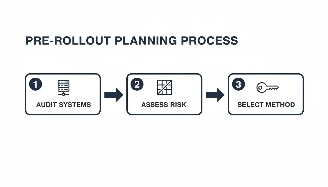 Pre-rollout planning process diagram showing steps: audit systems, assess risk, and select method.