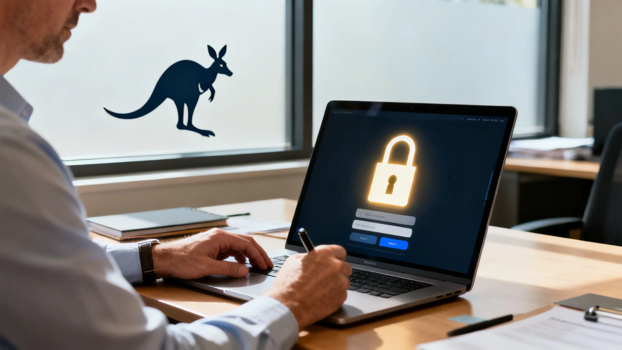 A man works on a laptop showing a security padlock login screen in an office, with a kangaroo in the background.