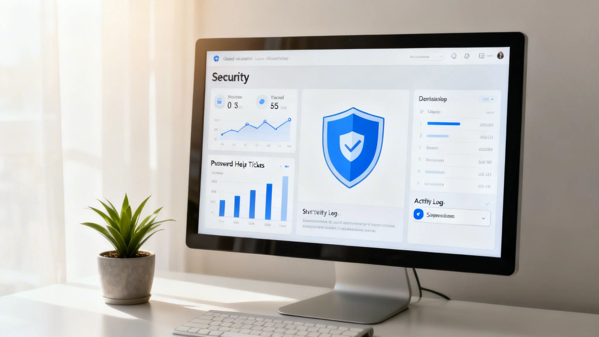 Close-up of a computer monitor displaying a security dashboard with data visualizations and a shield icon.