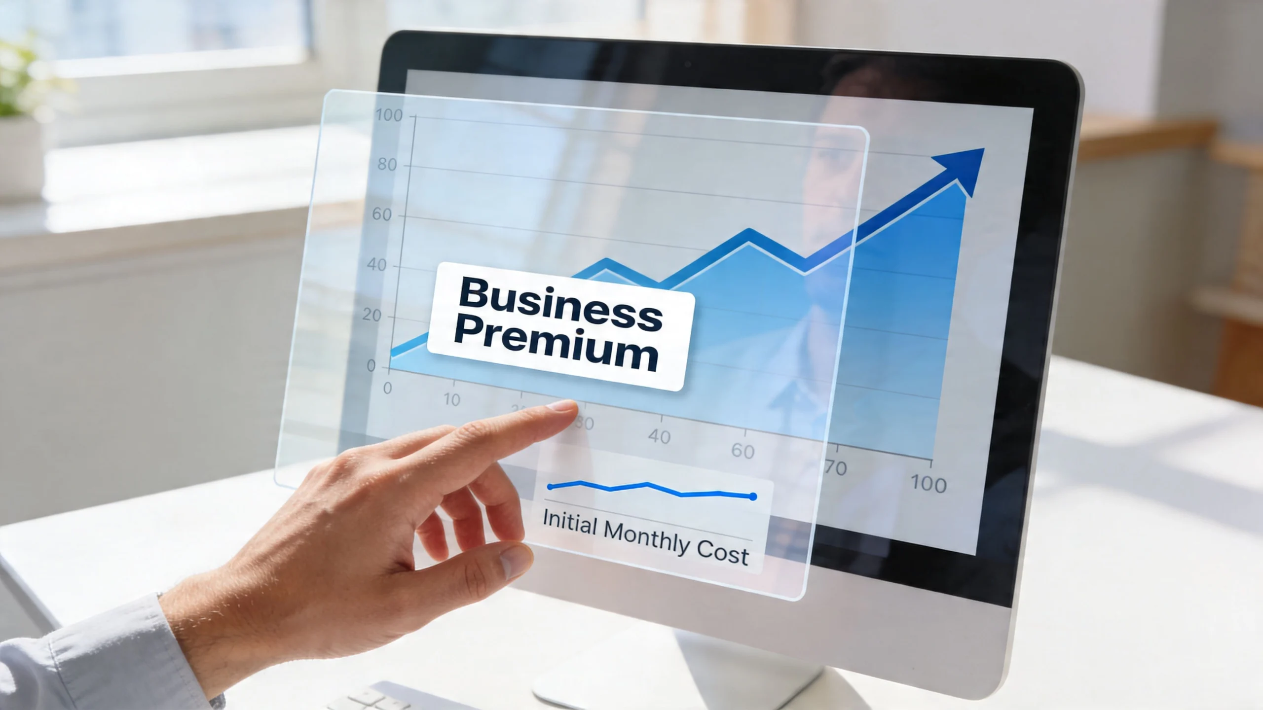 A person pointing at a computer screen displaying an interactive business growth chart for a premium subscription plan.