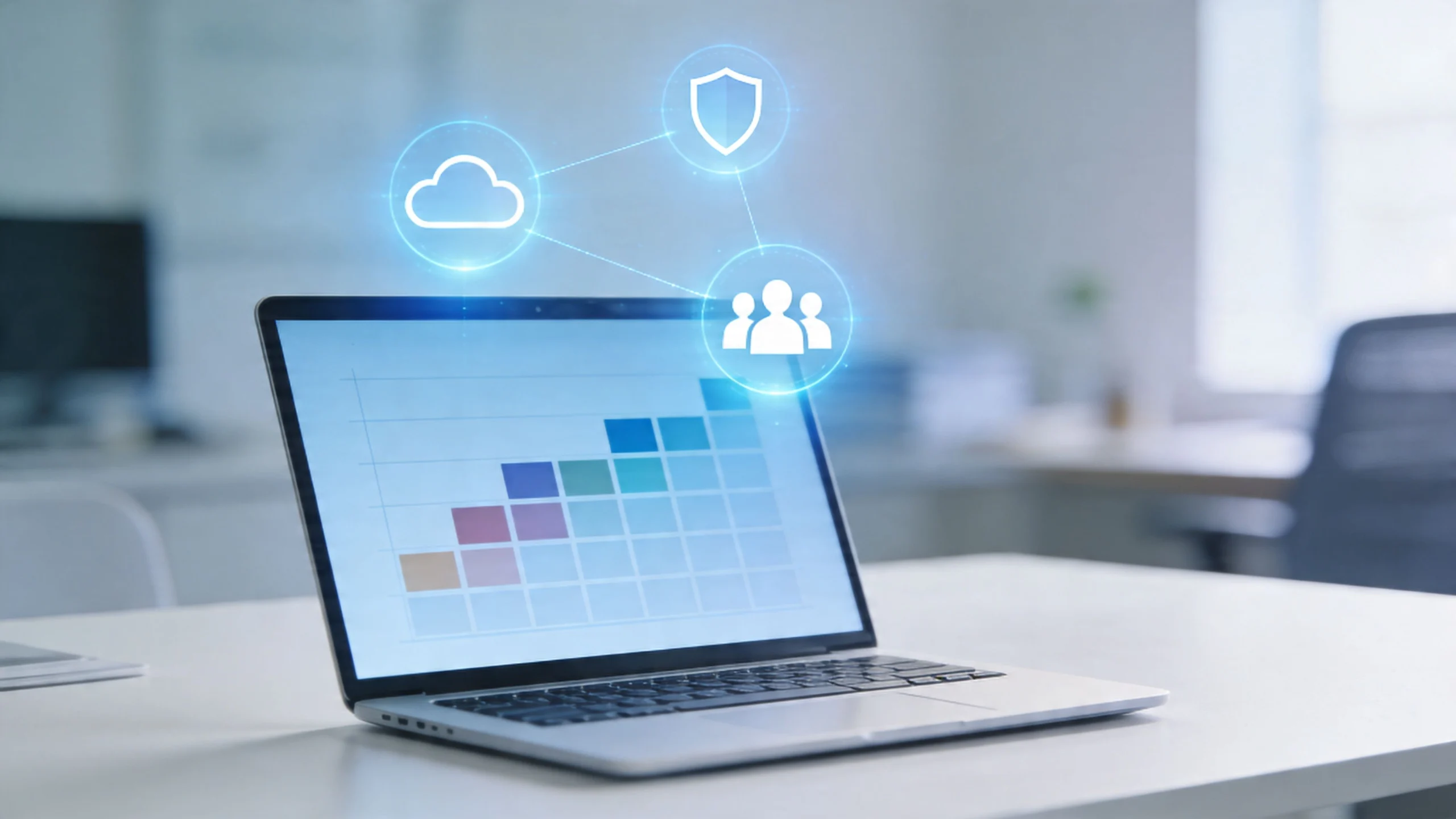 A laptop on a desk displays a colourful bar graph chart. Digital icons above the screen show a cloud, a shield, and people, connected by lines, representing cloud computing and secure data sharing.