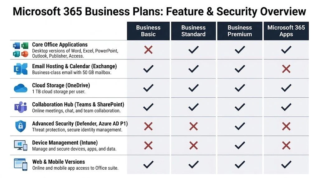A comparison chart outlining features and security options across four different Microsoft 365 business plan tiers.