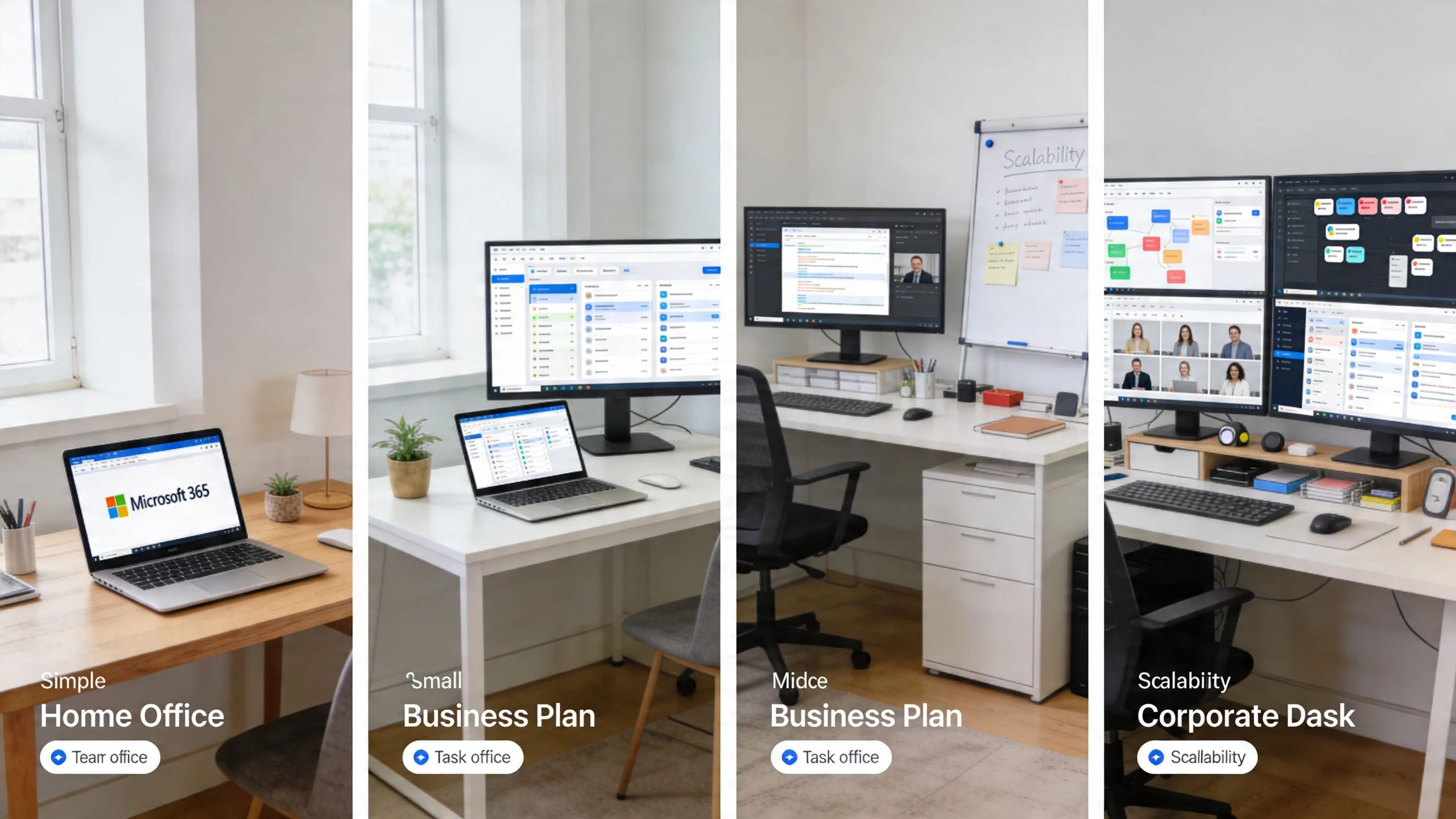 Four different office workspace setups showcasing various Microsoft 365 business plans from home to corporate levels.