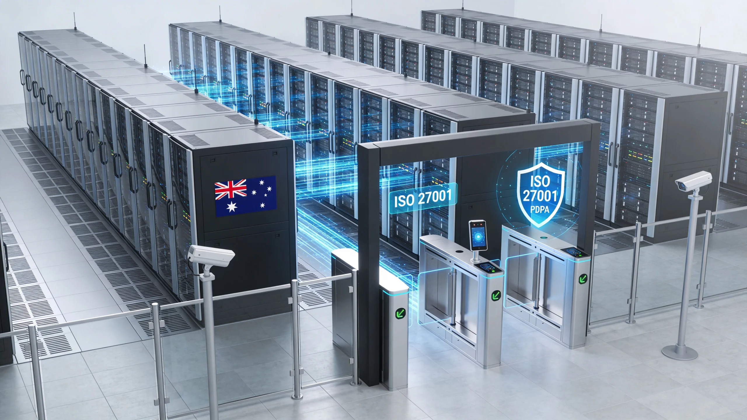 A modern data center featuring secure server racks with Australian flags and ISO 27001 security compliance branding.