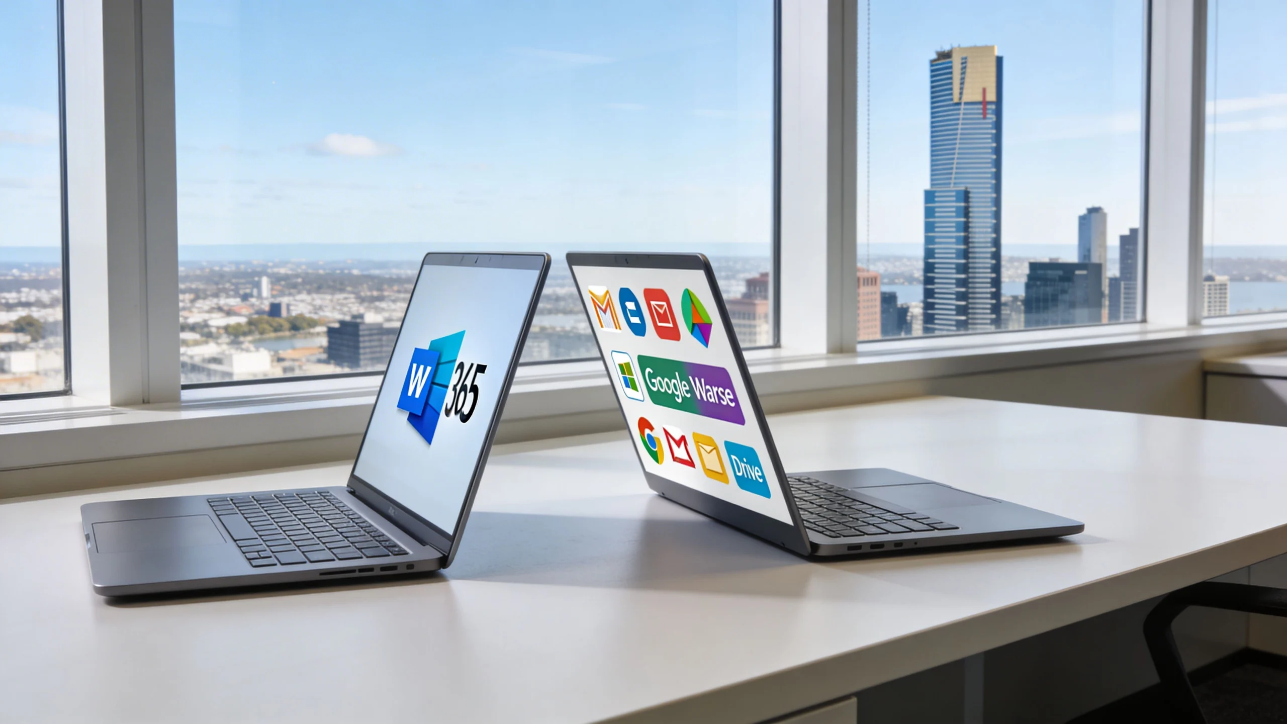Two laptops on a white desk near large windows in a high-rise office; one screen displays the Microsoft 365 logo, the other shows Google Workspace app icons. City skyline is visible in the background.