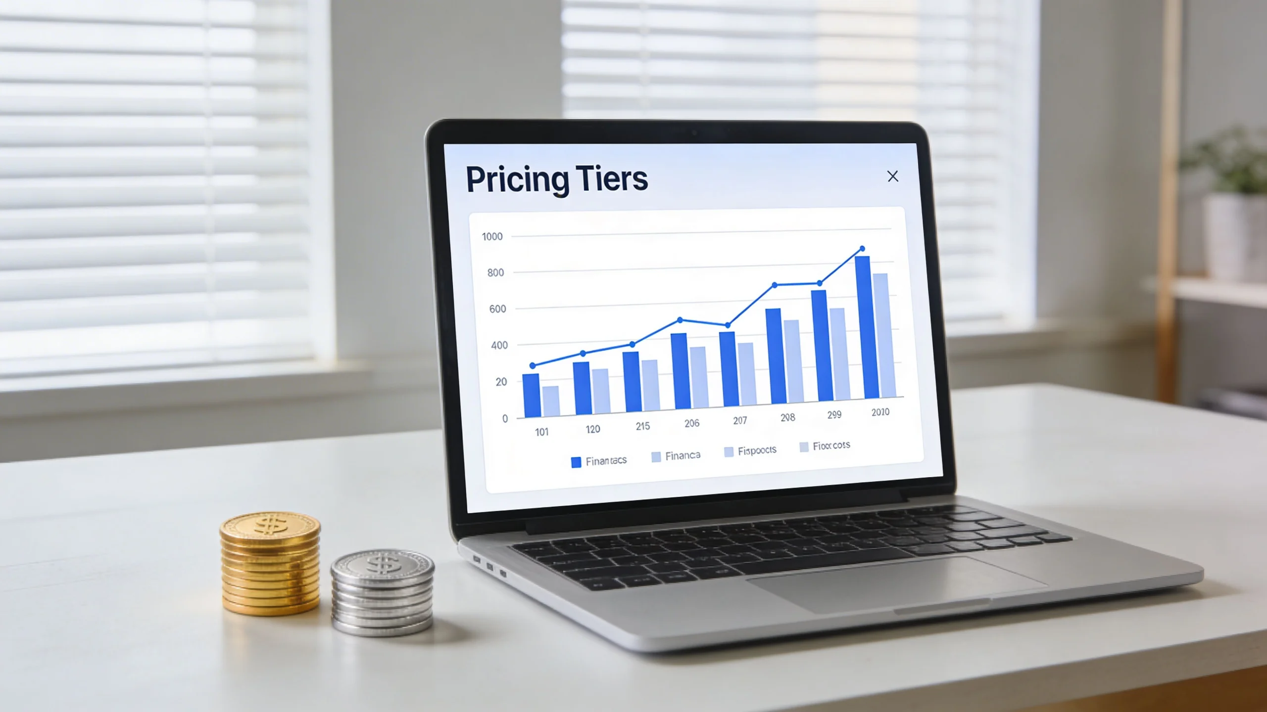 A laptop on a white desk displays a bar chart comparing pricing tiers for business productivity suites.