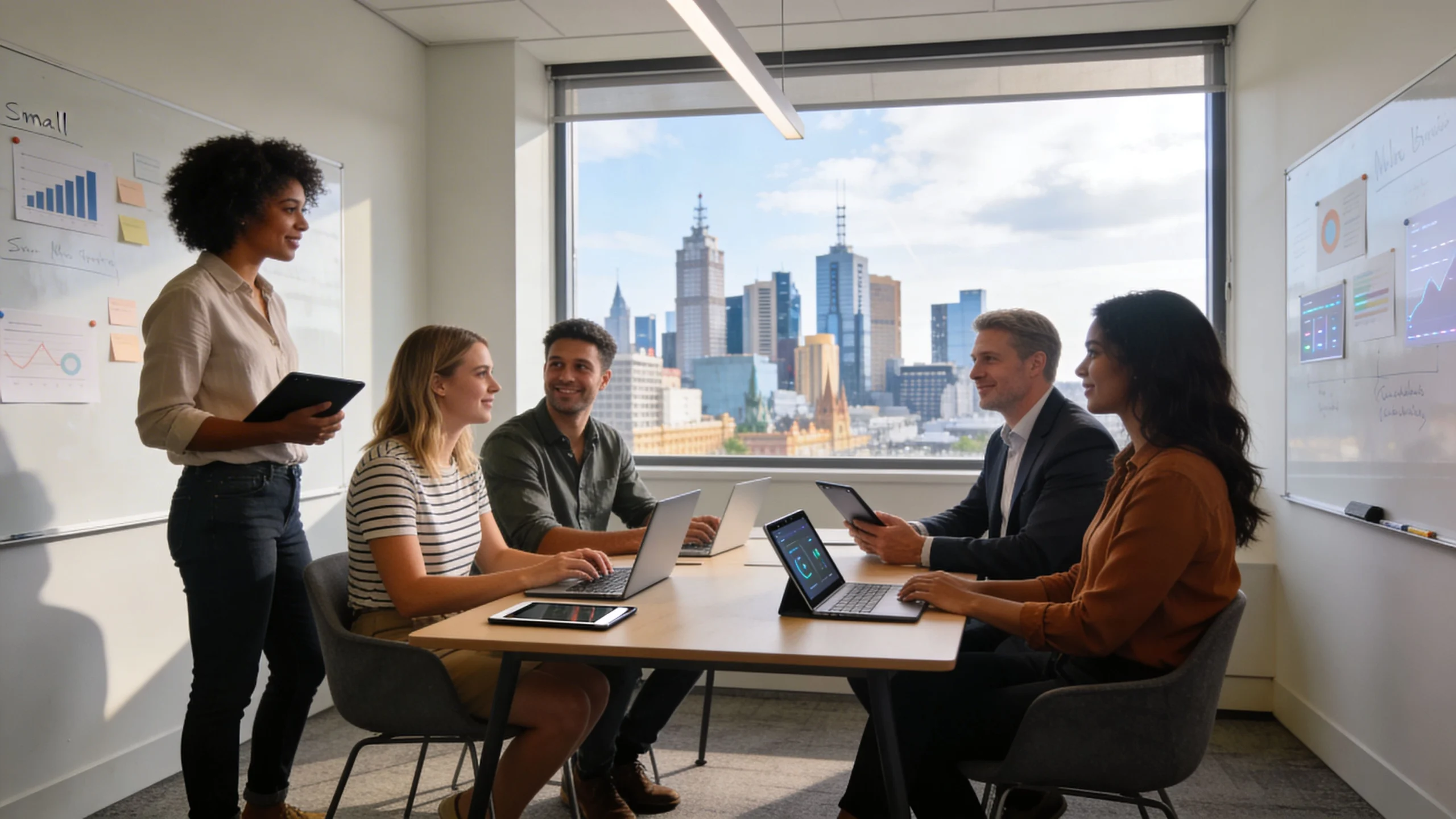 A professional team collaborating in a bright office meeting room with a scenic Melbourne city skyline view.