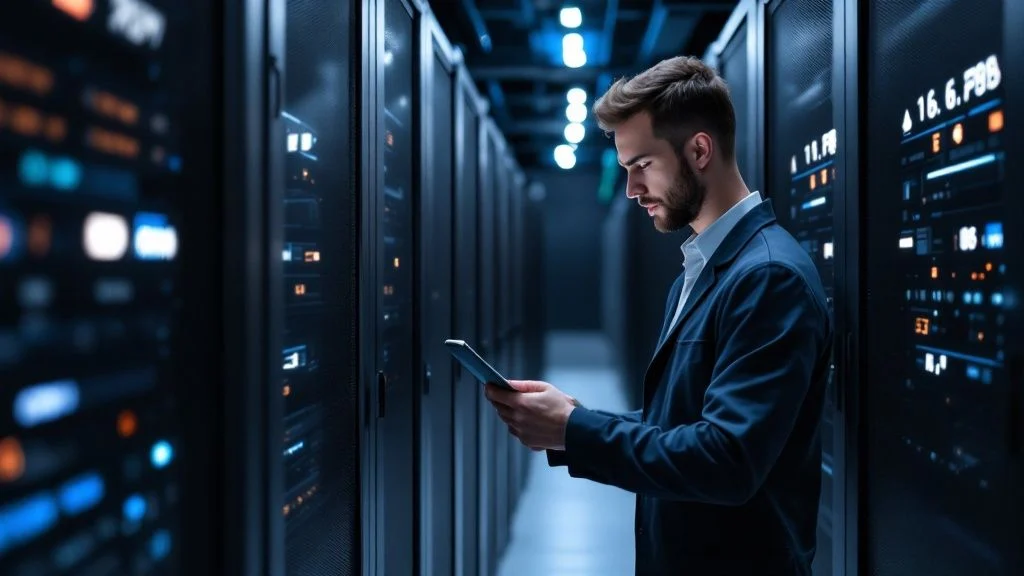 A man in a suit stands in a dimly lit server room, holding a tablet and reviewing data. Rows of servers with illuminated lights and cables surround him, creating a high-tech environment.