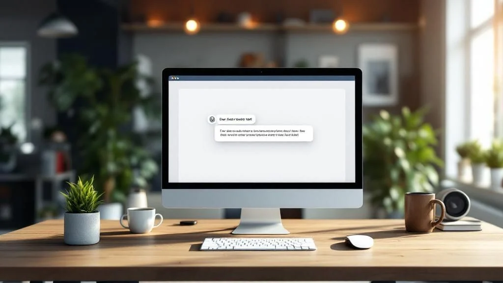 A modern desk with plants, notebooks, and a coffee mug in front of a large computer monitor displaying a chat or notification message, set in a cosy, well-lit office space with shelves and decor in the background.