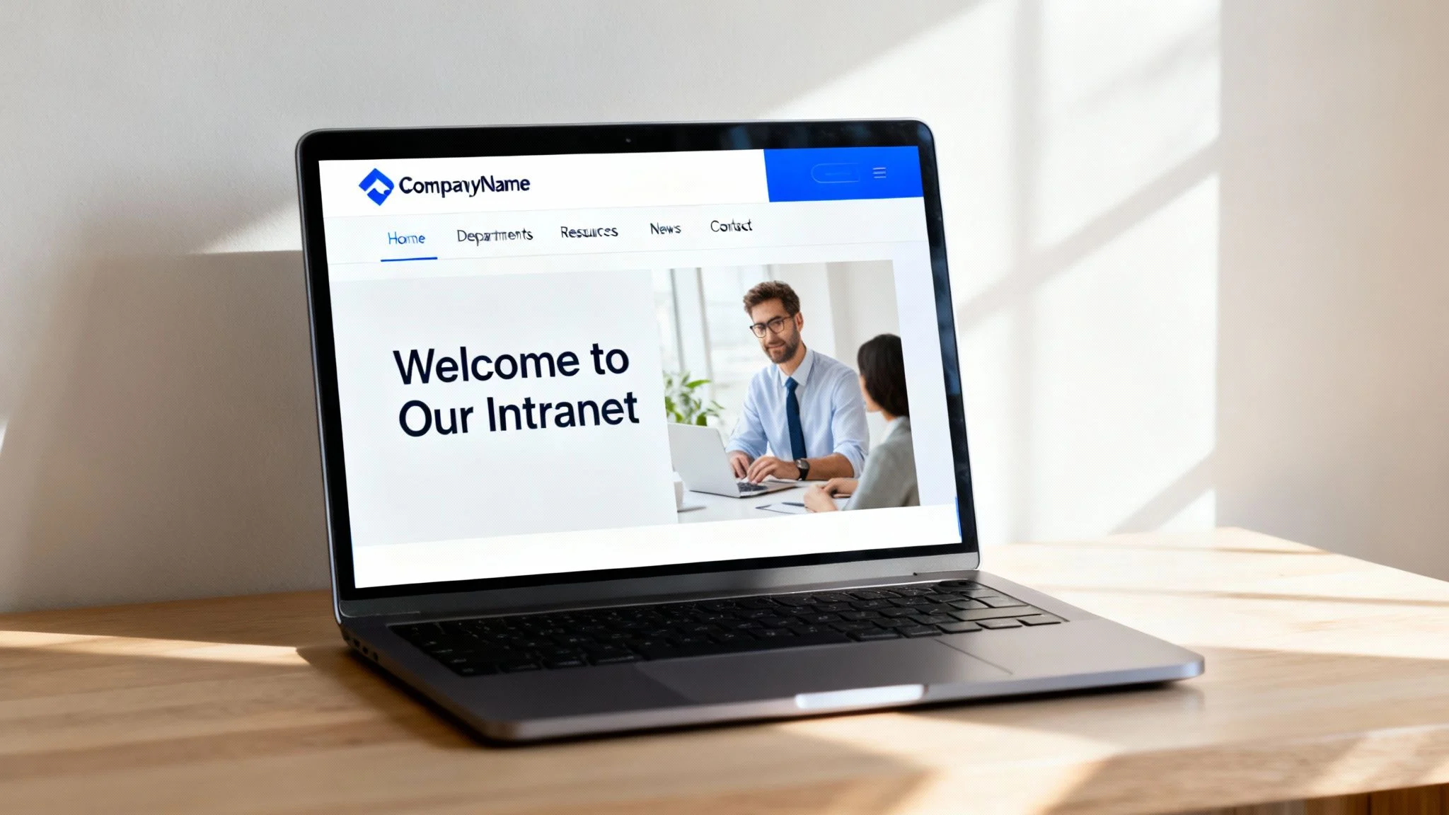 A laptop on a wooden table displays a company intranet homepage with the message Welcome to Our Intranet and navigation tabs for Home, Departments, Resources, News, and Contact.