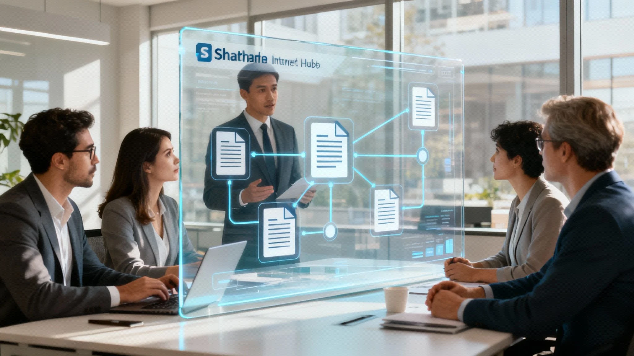 A group of professionals in business attire sit around a conference table, viewing a presenter and a large transparent digital screen displaying interconnected document icons and data flow diagrams.