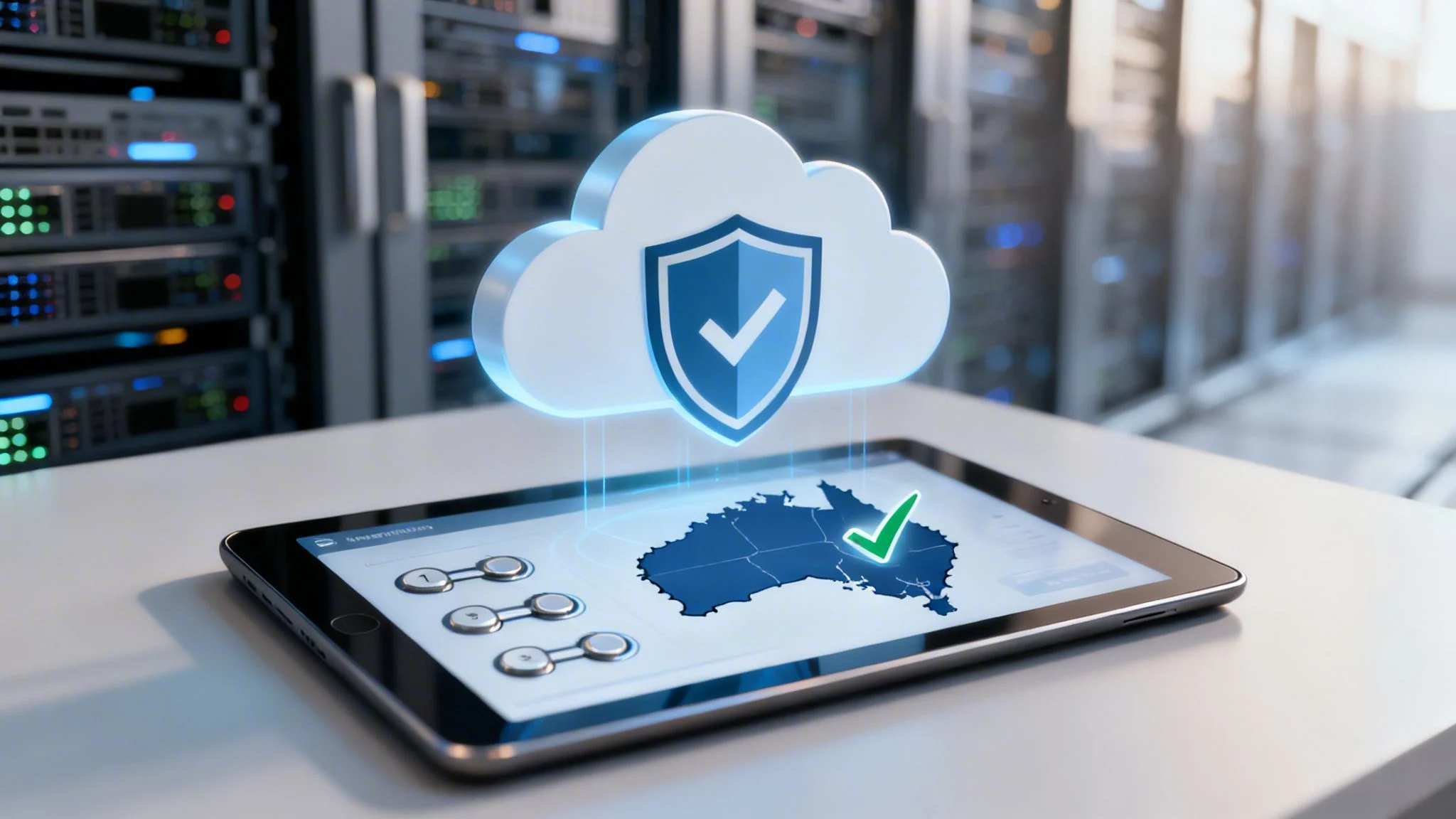 A tablet on a table shows a map of Australia with a checkmark, beneath a holographic cloud security icon, in a server room.