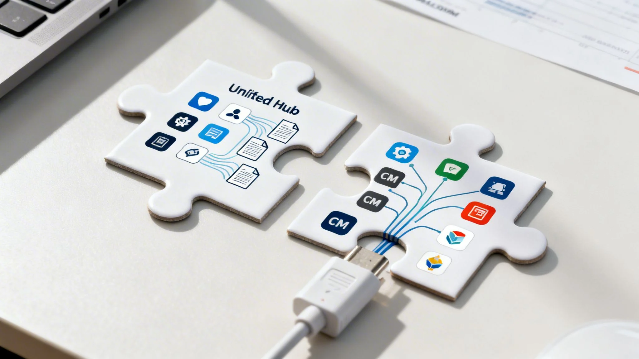 Two puzzle pieces, one labeled "Unified Hub," connected by a USB cable, symbolizing data integration.
