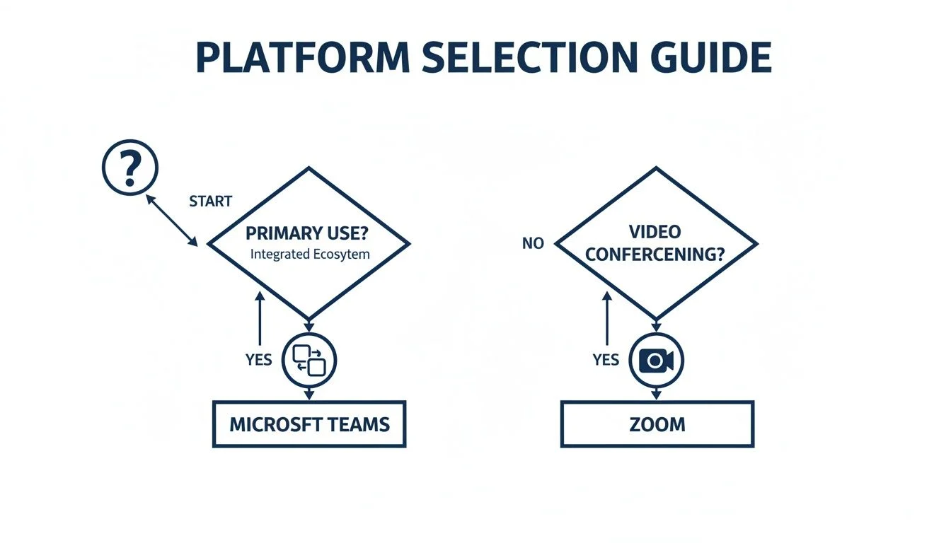 A decision flowchart illustrating the platform selection guide for choosing between Microsoft Teams and Zoom.