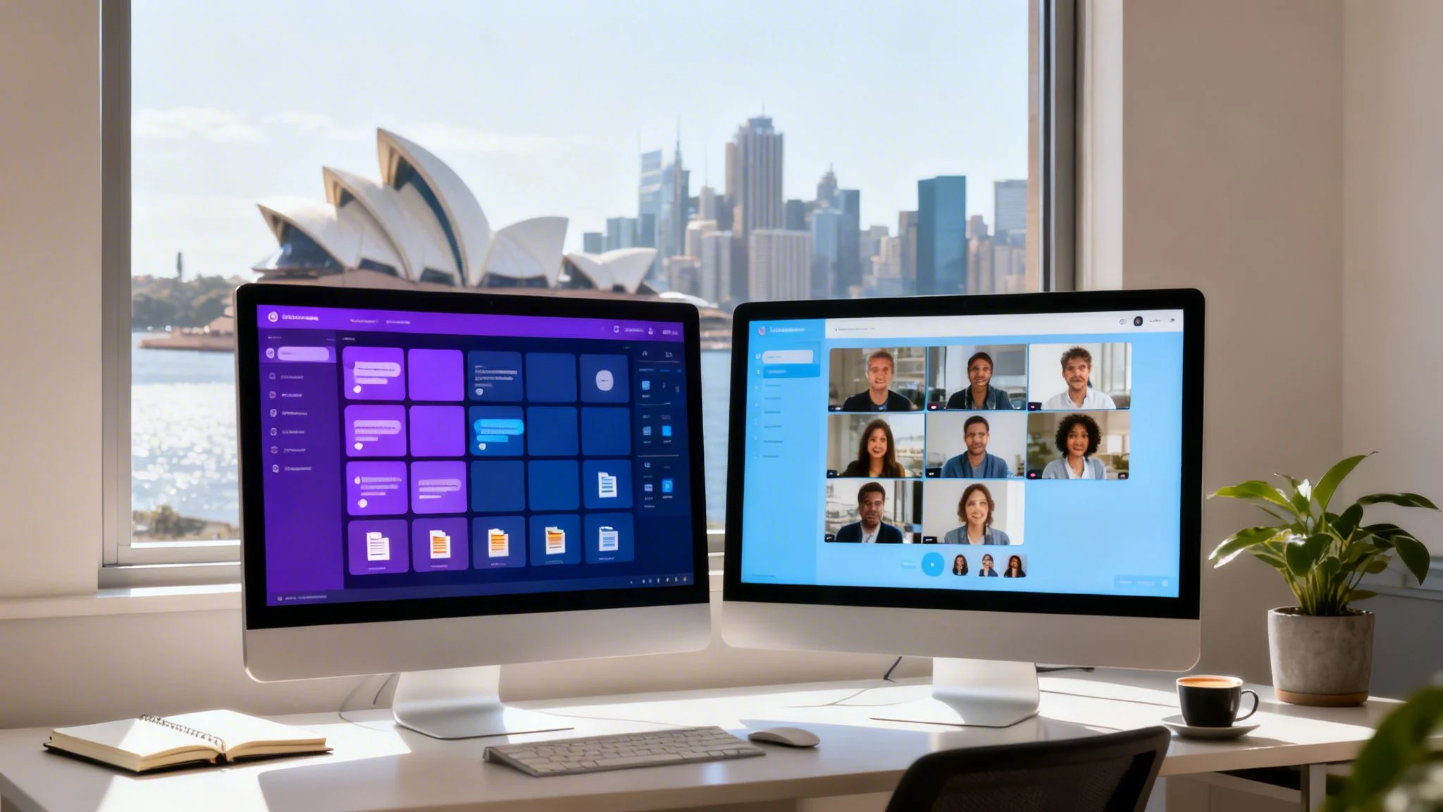 A modern office desk with two large monitors; one displays dashboards, the other shows a video conference with nine people. A window overlooks a city skyline and the Sydney Opera House. A plant and keyboard are on the desk.