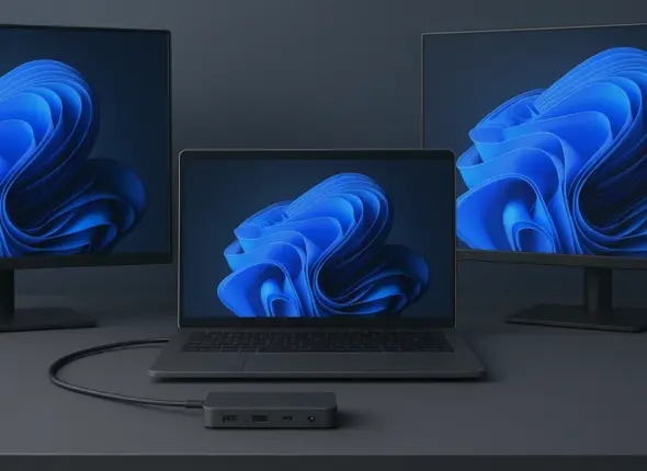 A clean workspace with a modern laptop, USB C dock, and dual screens