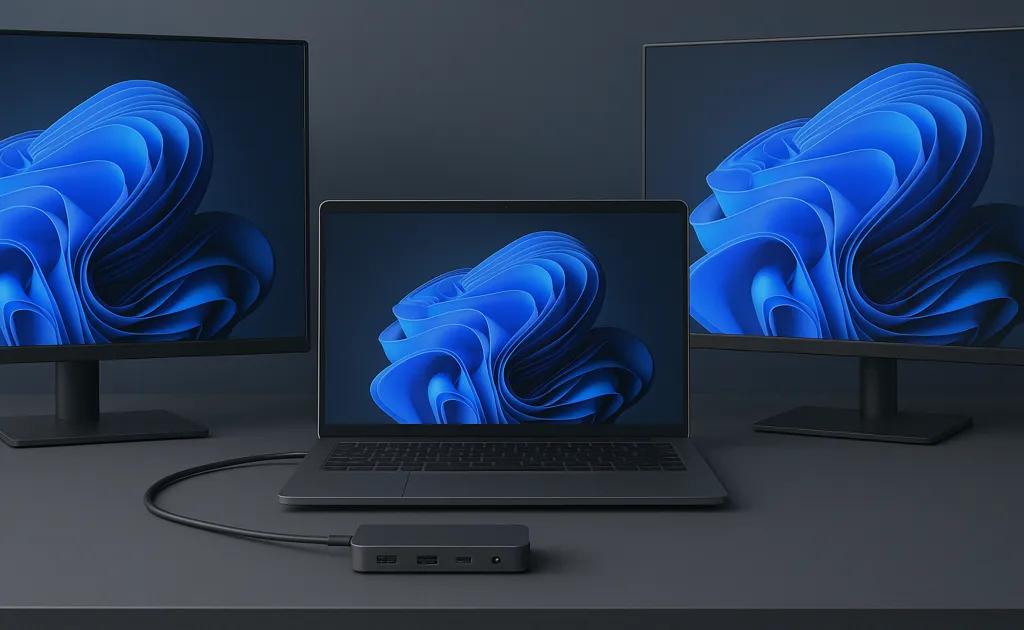 A clean workspace with a modern laptop, USB C dock, and dual screens