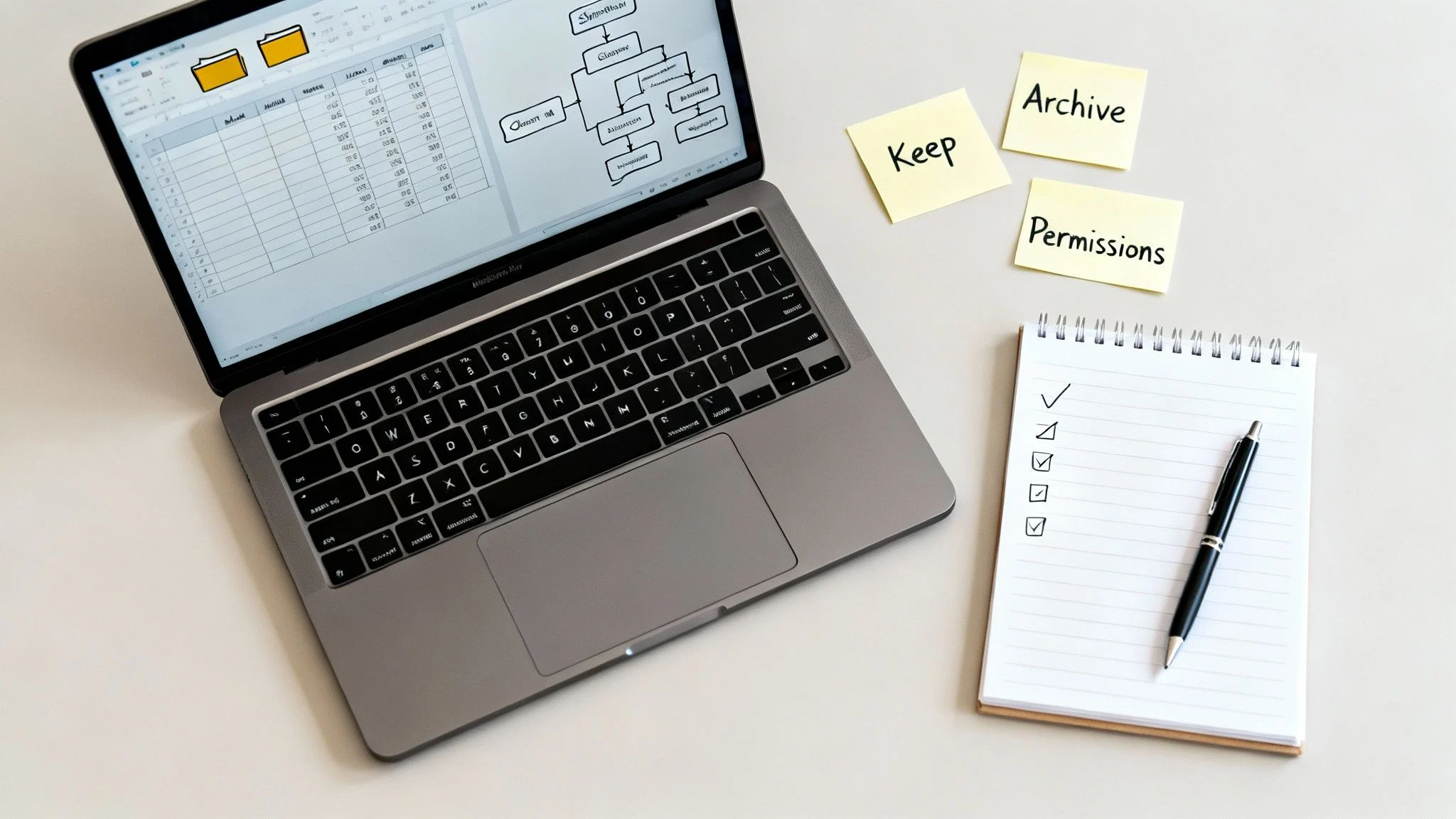 A laptop displaying a spreadsheet and flowchart sits on a desk beside a notepad with a checklist and pen. Sticky notes nearby read: Keep, Archive, and Permissions.