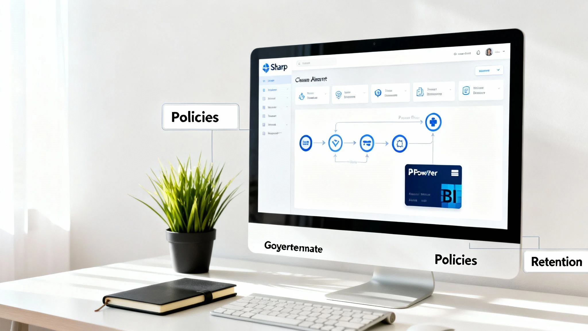 A desktop computer displays a workflow diagram, with labelled elements pointing to Policies, Goyernemate, and Retention. A potted plant and a closed notebook with a pen sit on the white desk.