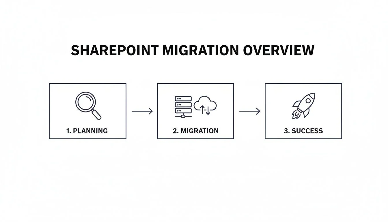 Diagram titled SharePoint Migration Overview showing three steps: 1. Planning (magnifying glass icon), 2. Migration (servers and cloud icon), 3. Success (rocket icon), with arrows between steps.