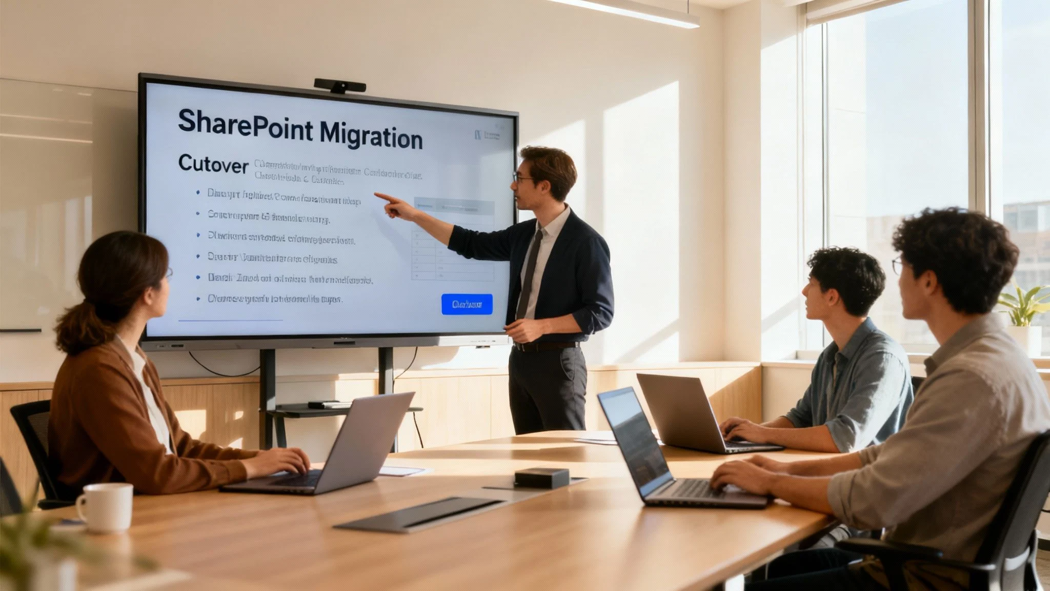 A man in business attire points to a presentation slide about SharePoint Migration as three colleagues sit at a conference table, listening and taking notes in a bright, modern office.