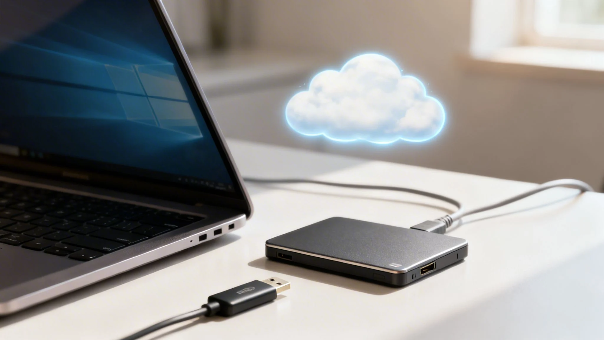A laptop is connected to an external hard drive, with a glowing cloud icon symbolizing data storage.