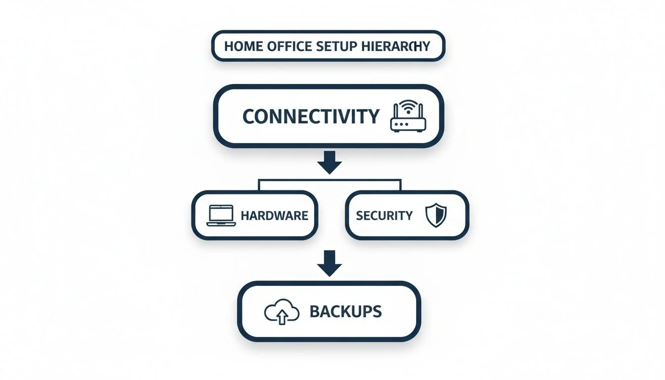 Hierarchy diagram showing home office setup steps: connectivity, hardware, security, and backups.
