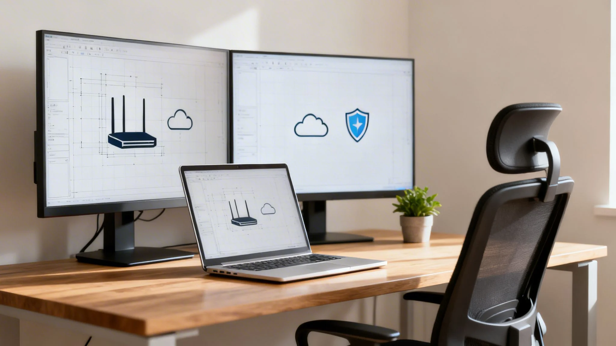 A modern home office with dual monitors and a laptop displaying networking and cloud security concepts.