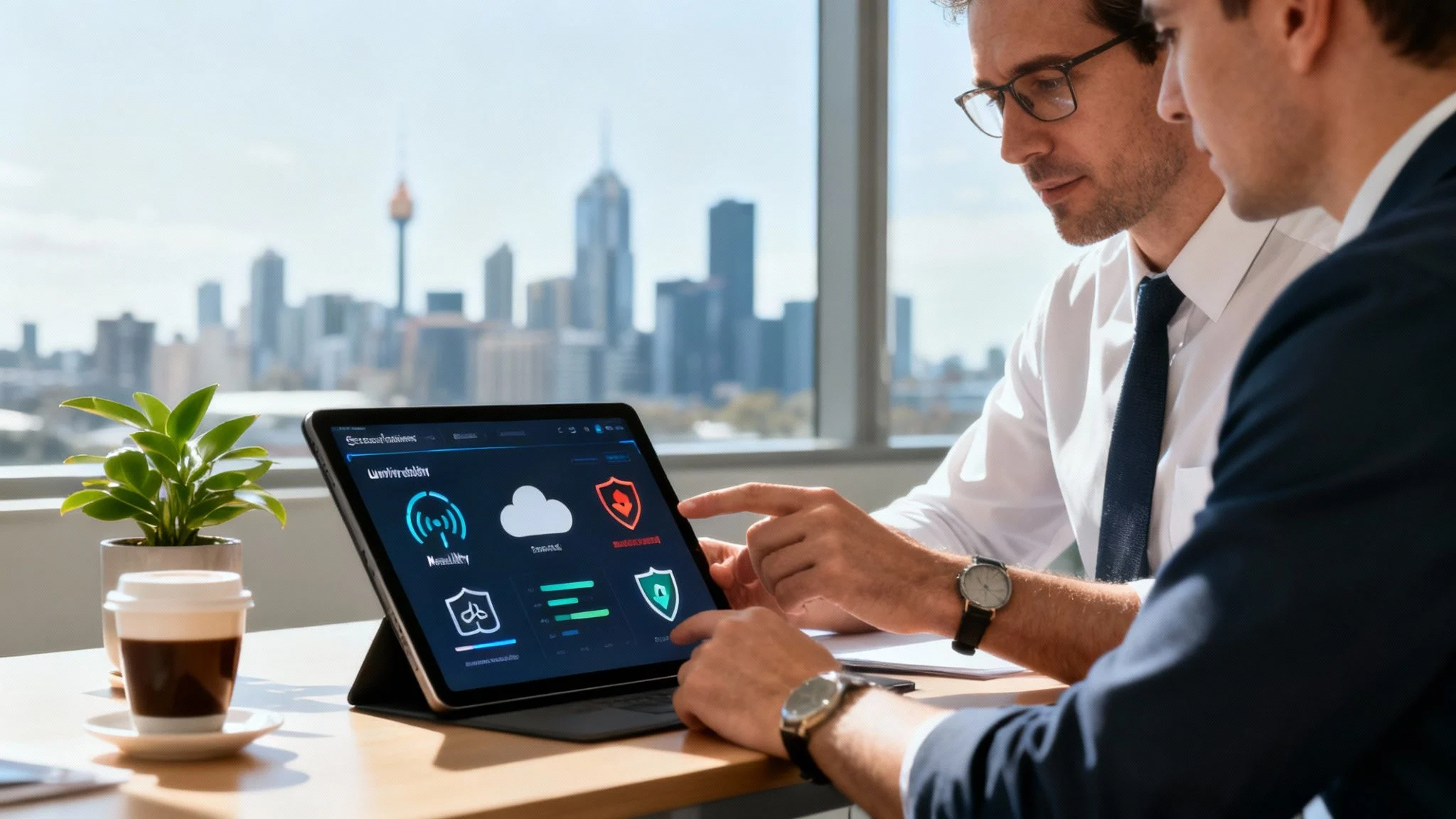 Two business professionals review a data dashboard on a tablet during a meeting with a city skyline.