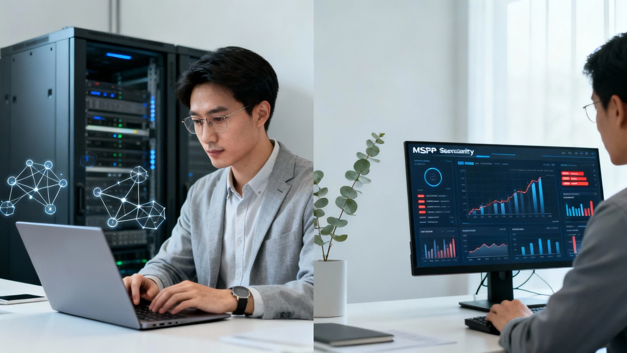 An IT professional manages server infrastructure on a laptop and analyzes cybersecurity data on a monitor.