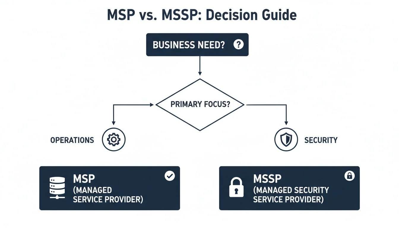 Flowchart comparing MSP (Managed Service Provider) and MSSP (Managed Security Service Provider) decision guide.
