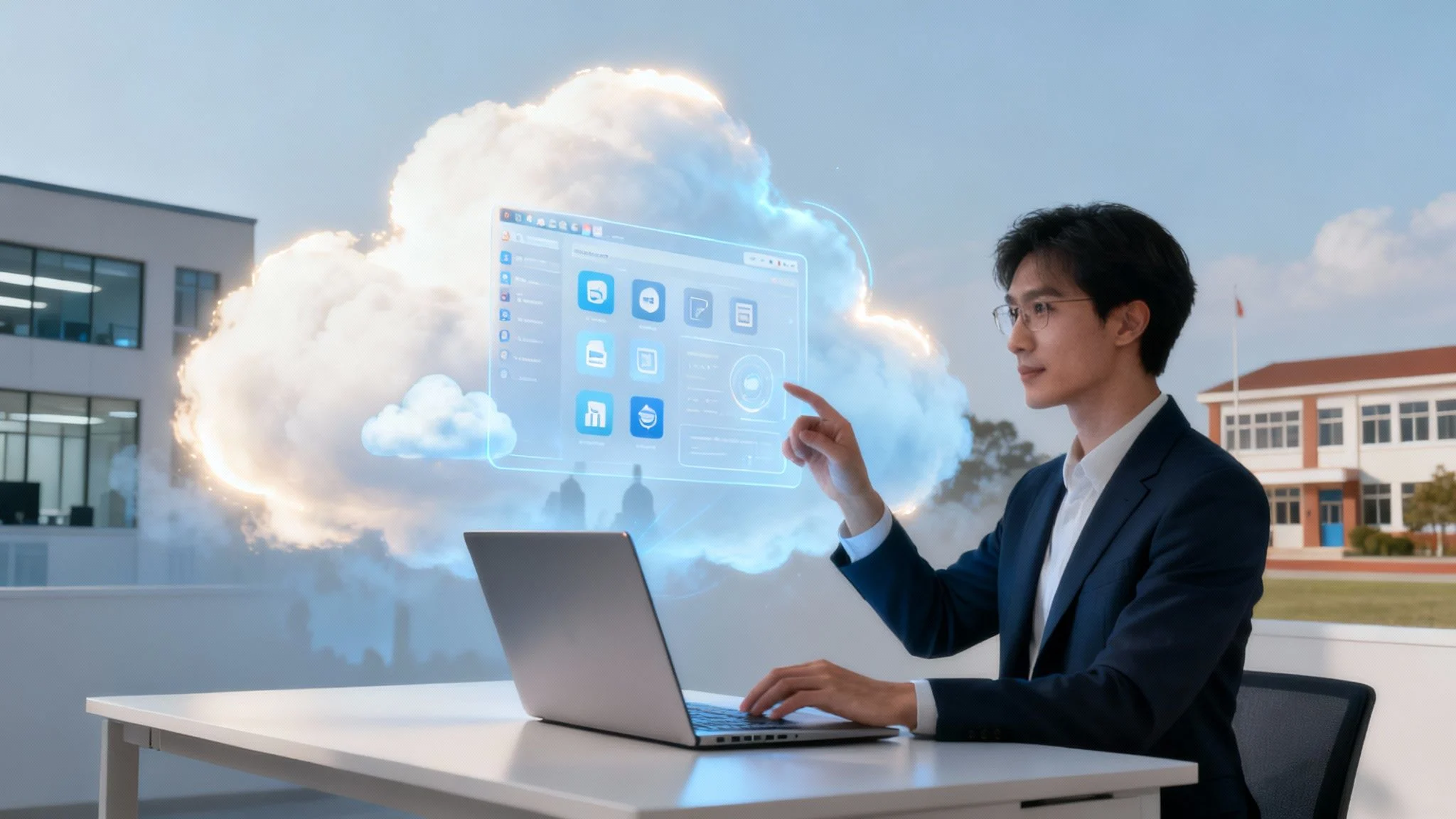 A man in a suit uses a laptop outdoors, interacting with a virtual cloud interface displaying app icons, symbolising cloud computing and digital technology. Modern buildings are visible in the background.