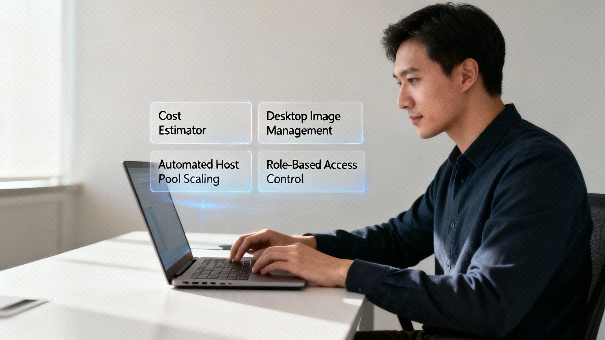 A man works on a laptop, with virtual desktop management features like cost estimation displayed.