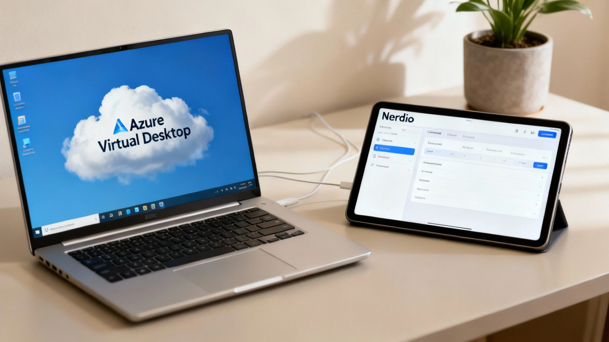 A laptop showing Azure Virtual Desktop on its screen, next to a tablet displaying the Nerdio interface.