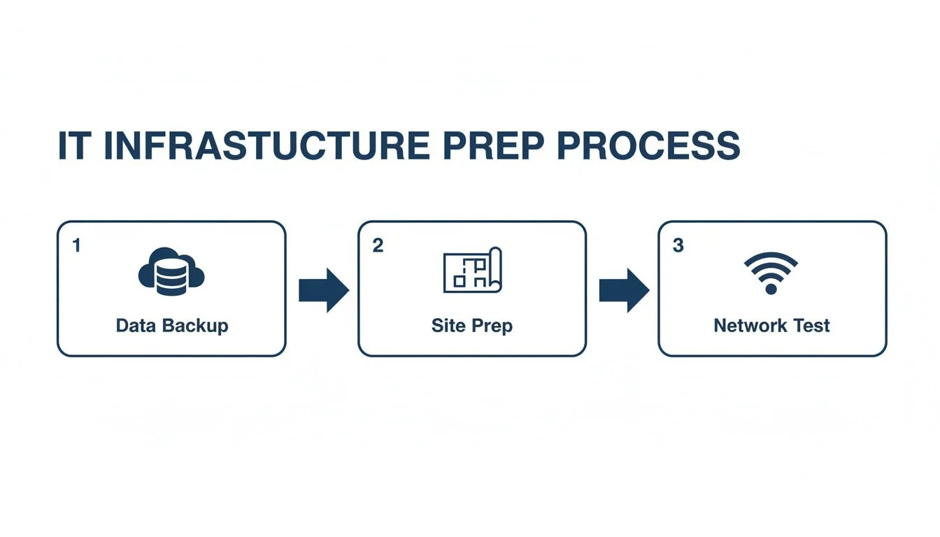 Diagram illustrating the IT infrastructure preparation process with three steps: Data Backup, Site Prep, and Network Test.