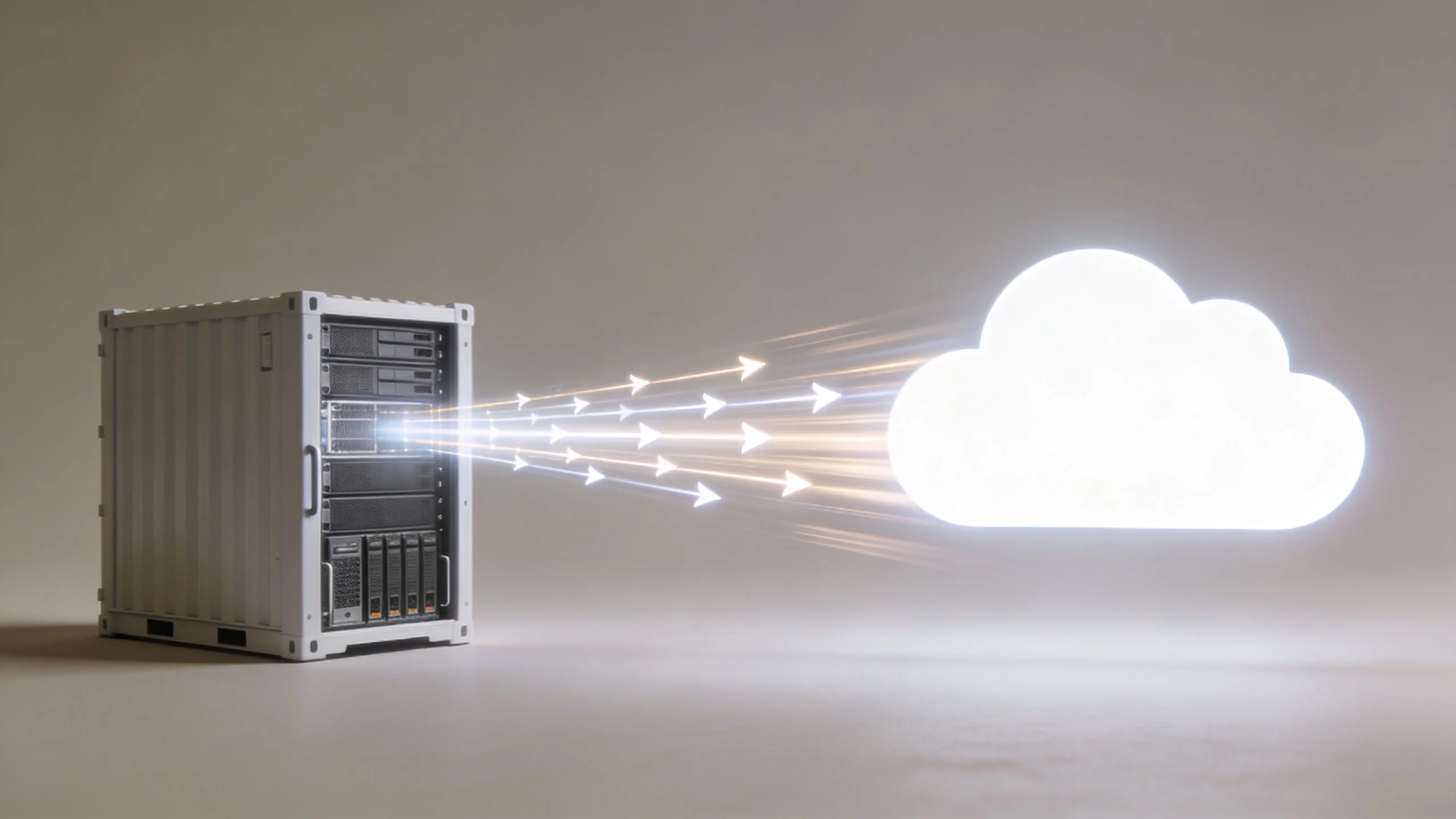 A server rack connected to a glowing cloud icon via digital data beams representing cloud migration.