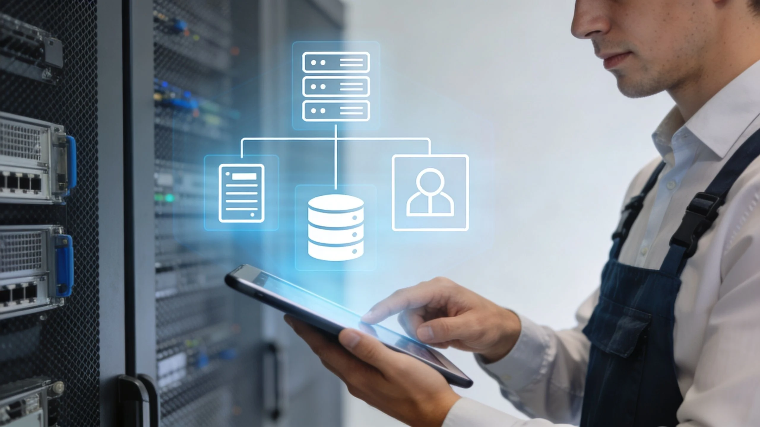 A technician using a tablet to monitor server infrastructure with a digital overlay showing data flow.