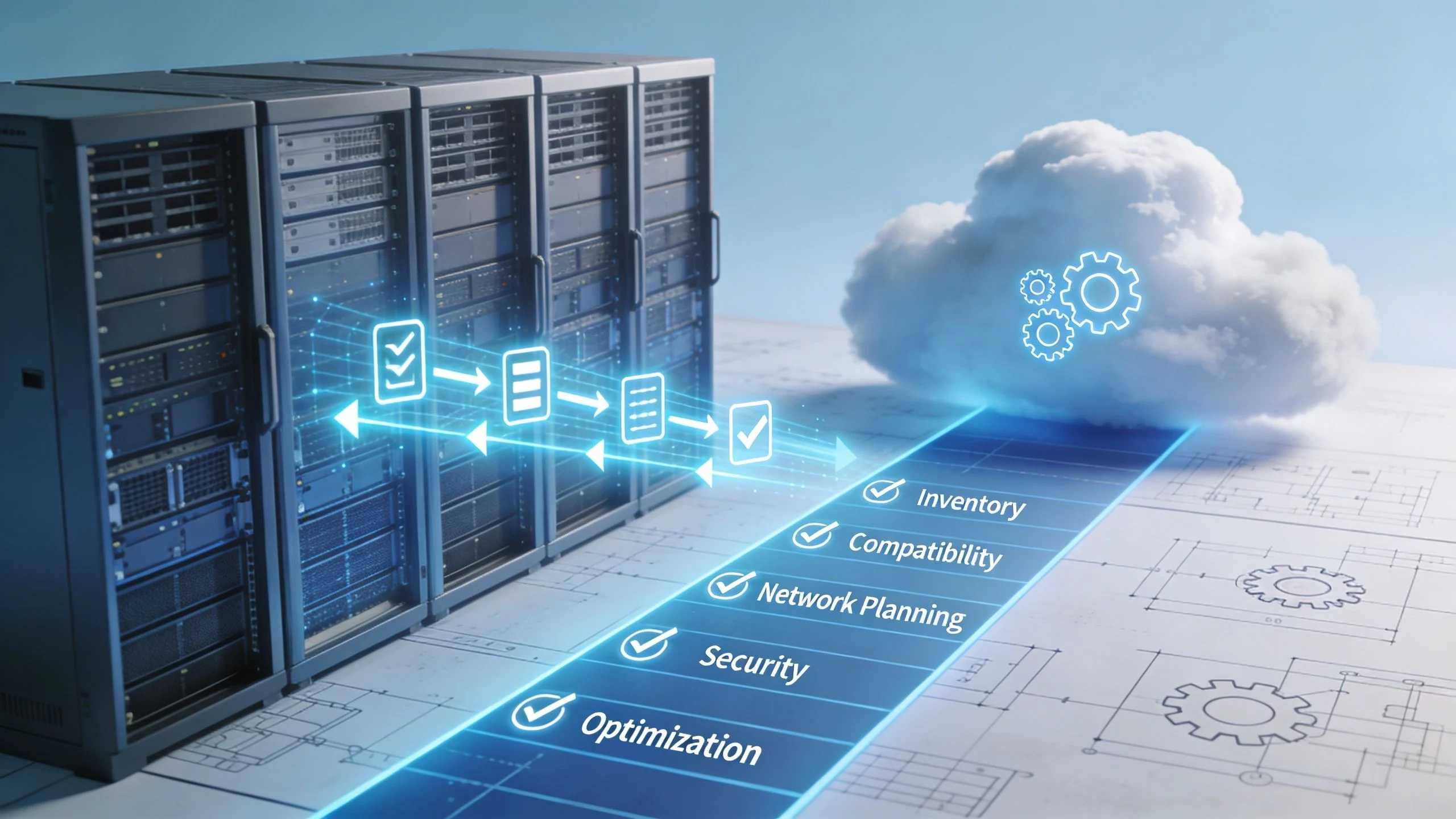 A row of server racks connects digitally to a cloud icon, with a checklist underneath highlighting inventory, compatibility, network planning, security, and optimisation on a blueprint background.