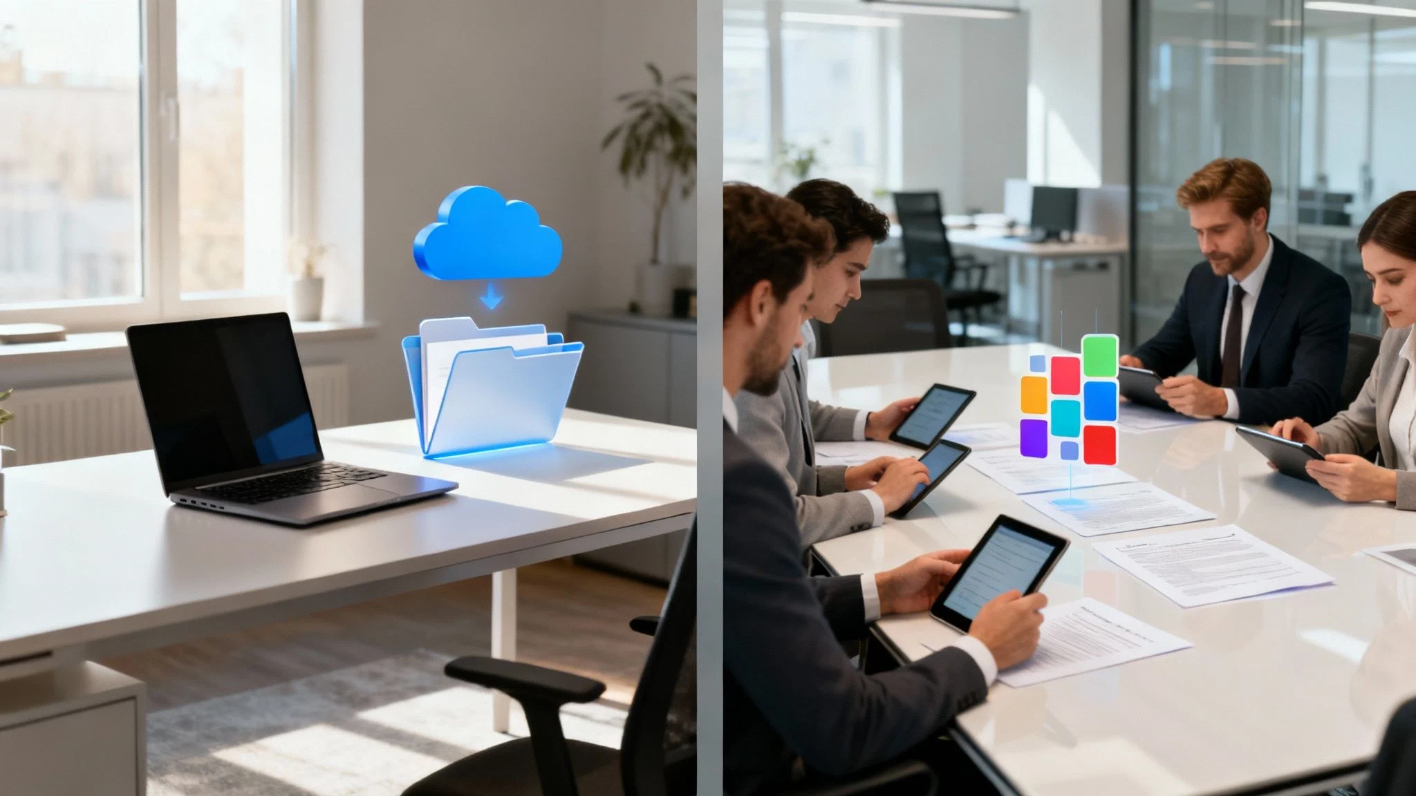 A split image: on the left, a laptop and floating cloud and folder icons on a desk; on the right, four professionals in an office sit around a table using tablets and digital icons appear above the table.
