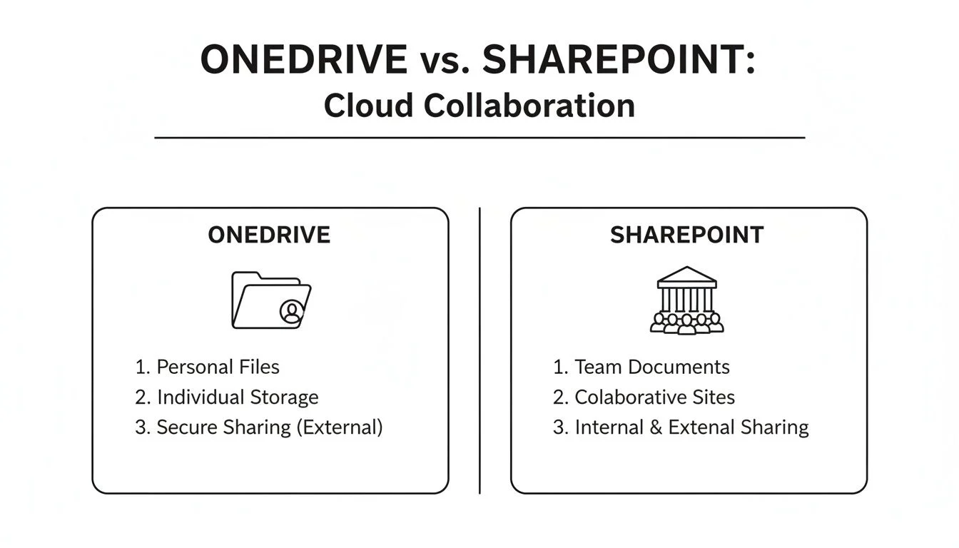 A comparison table showing key differences between OneDrive and SharePoint for cloud collaboration.