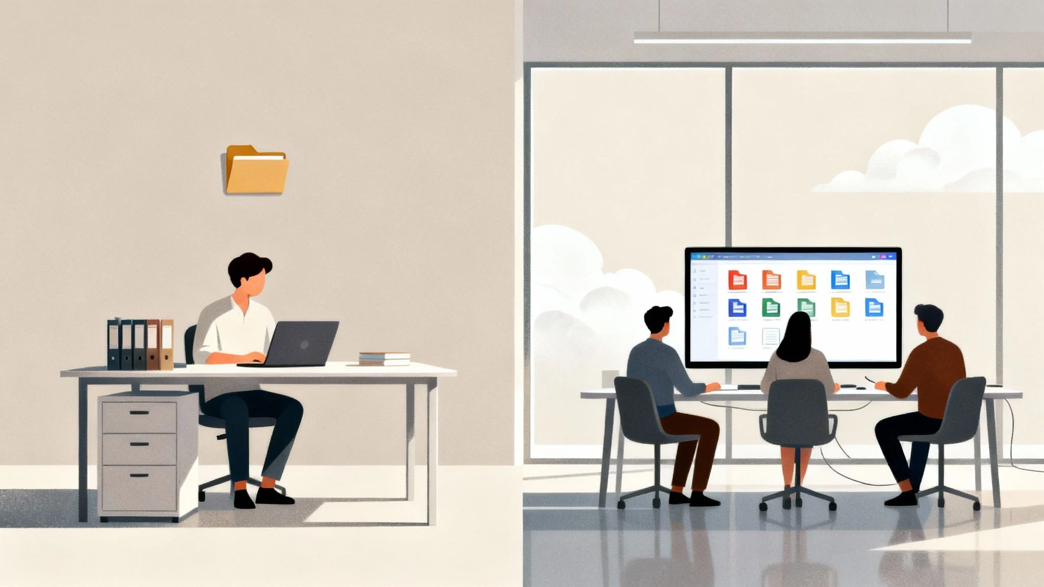 An illustration contrasting individual file storage with collaborative document management in an office setting.