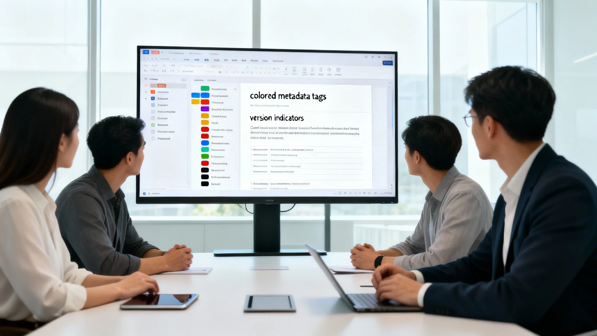 Four business professionals review metadata tags and version indicators on a large display in a meeting.