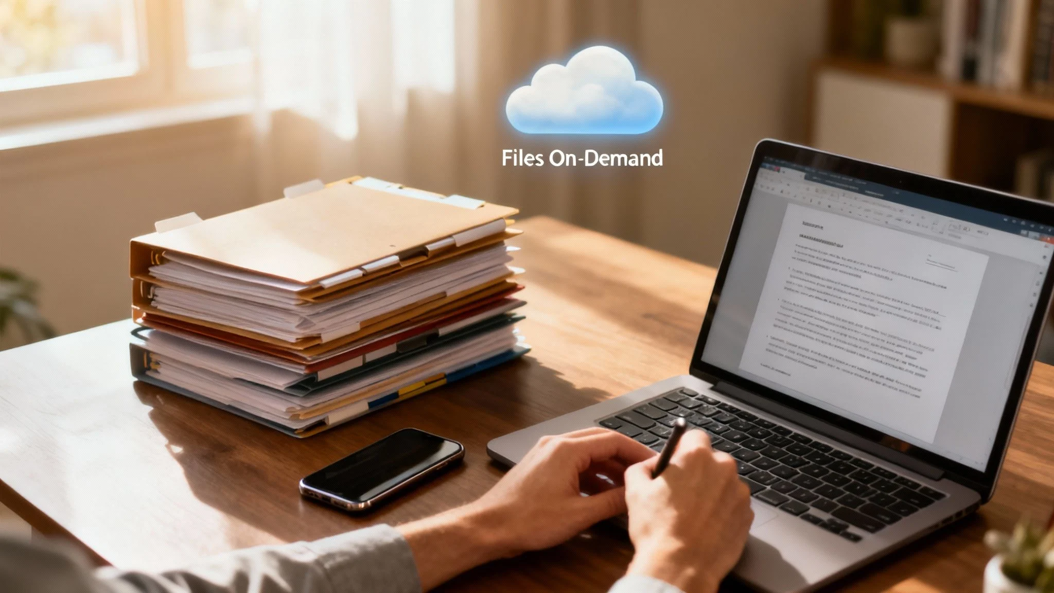 Person uses laptop at desk with physical files, smartphone, and 'Files On-Demand' cloud icon.