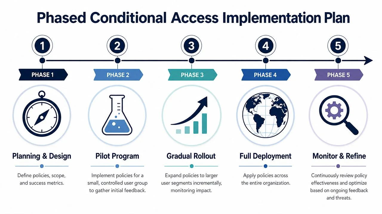 A five-step infographic showing a phased conditional access implementation plan for enterprise organizational security strategies.