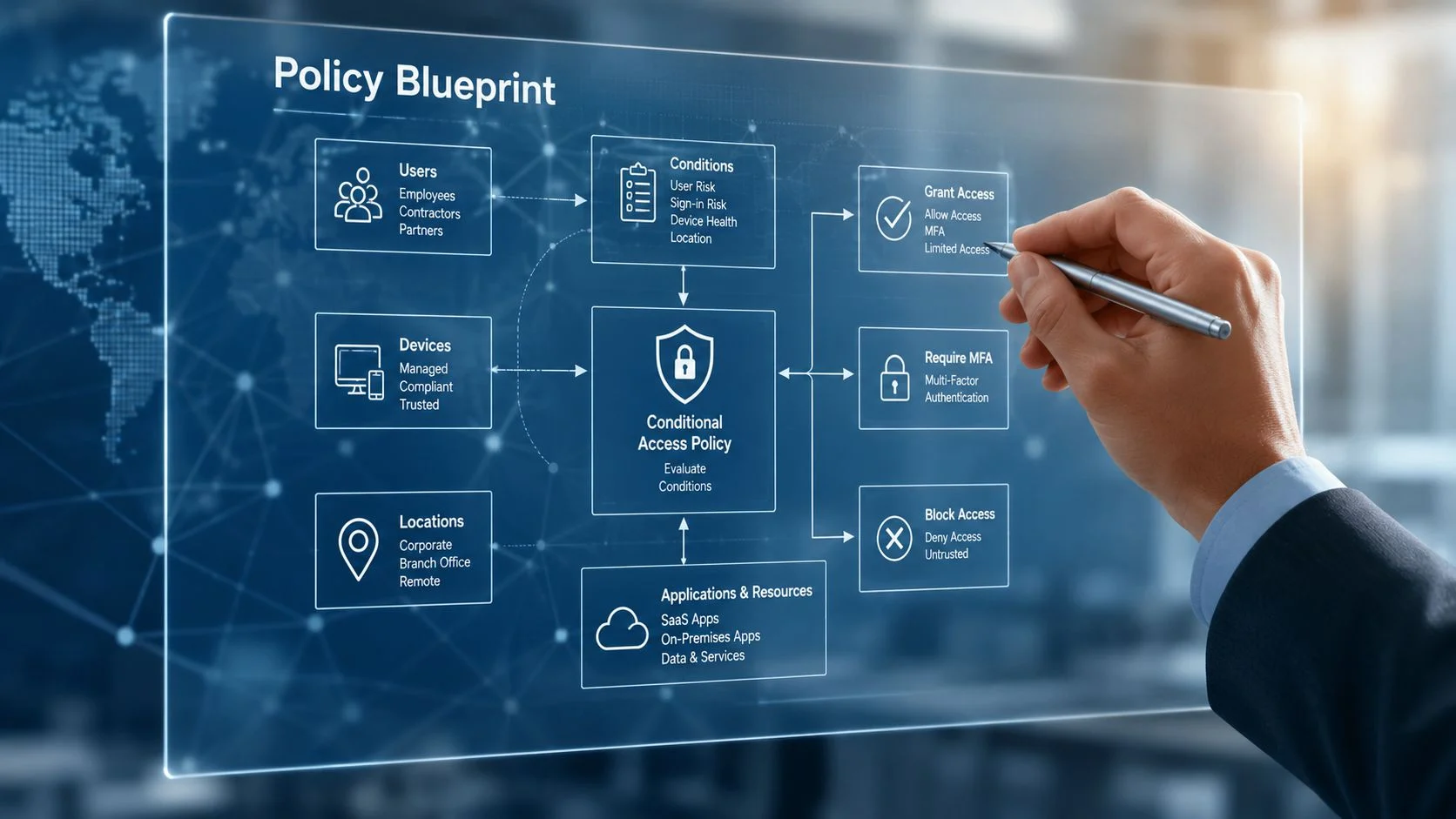 A professional hand interacts with a digital hologram displaying a Conditional Access Policy blueprint for cybersecurity management.
