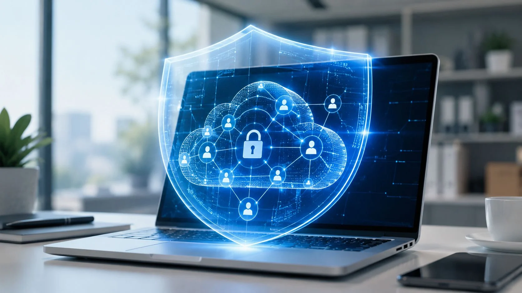 A laptop displays a digital shield protecting a cloud network, symbolizing cybersecurity for Microsoft 365 tenant hardening.