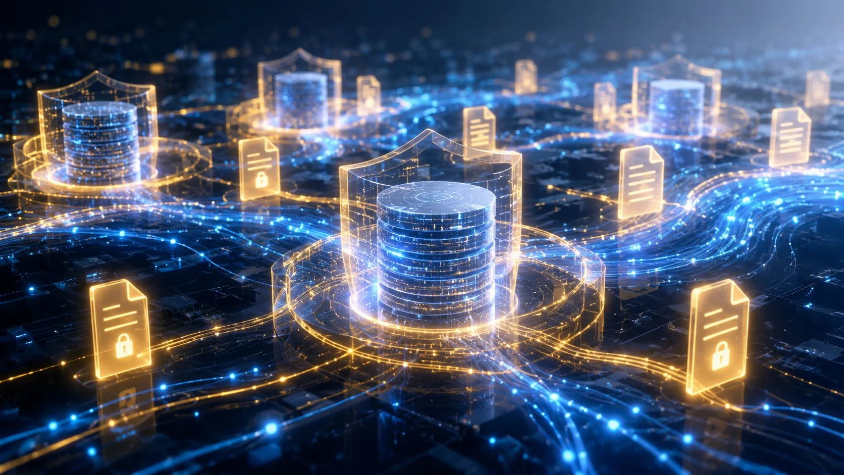 A digital visualization of secure data storage and information protection within a interconnected cloud computing network infrastructure.