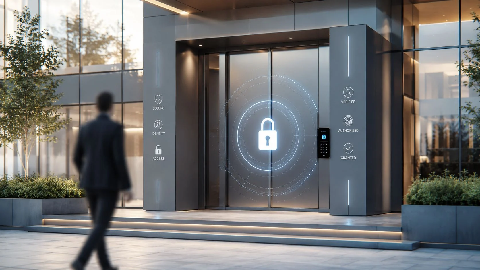 A businessman walks toward a modern office entrance with advanced digital security and biometric access systems.