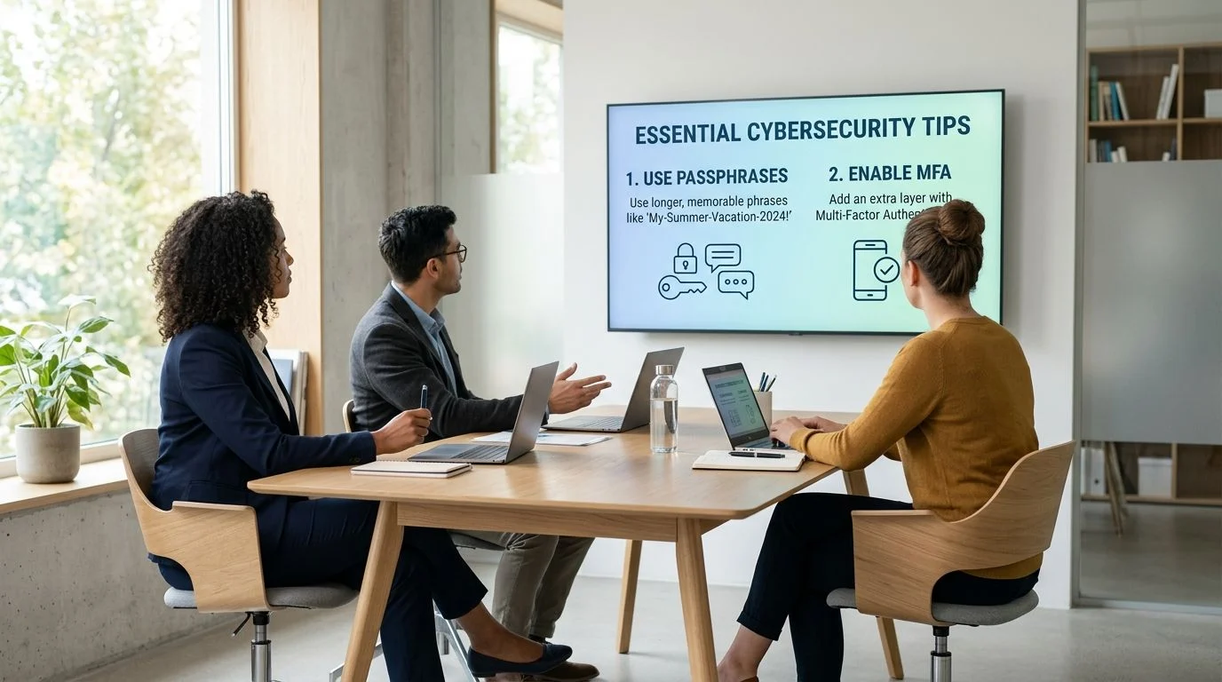 A diverse group of professionals collaborating in an office during a presentation about essential cybersecurity best practices.